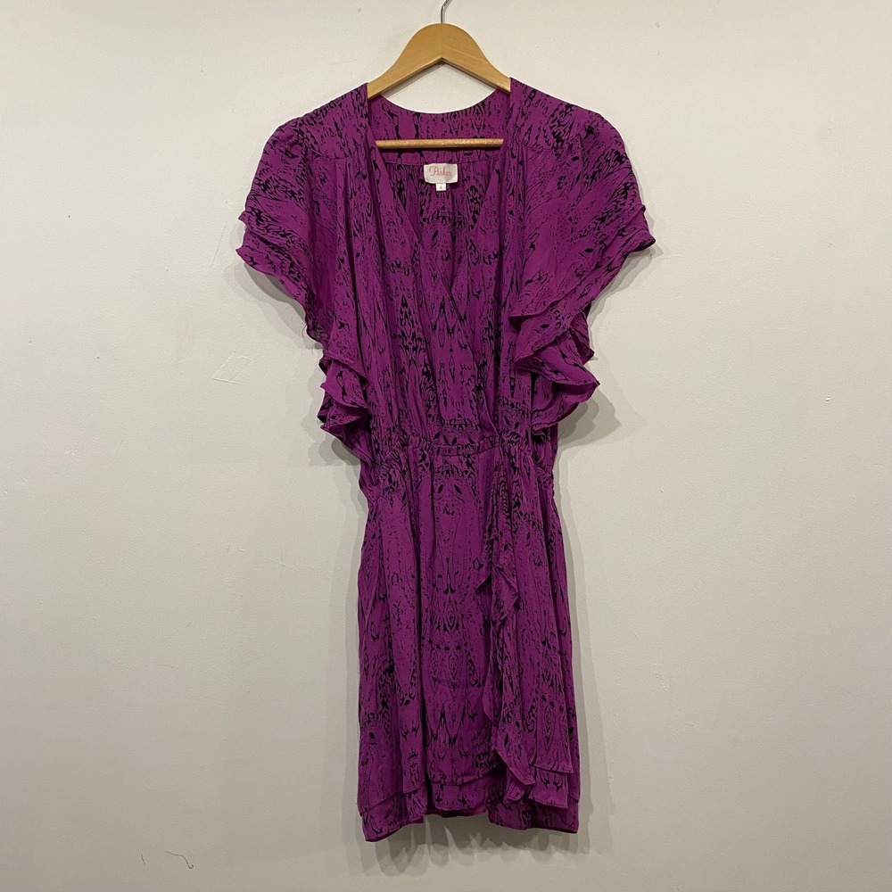 Parker Flora Printed Dress Violet Chateau Purple Silk Ruffle Mini Wrap Dress S